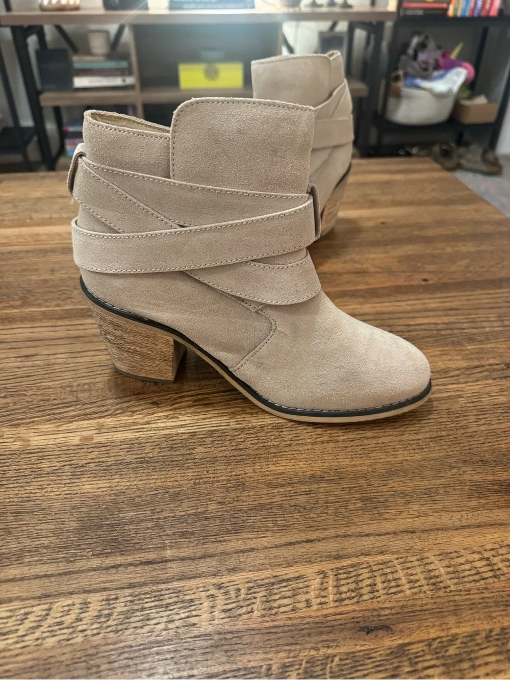 Women’s Beige Suede Buckle Ankle Booties